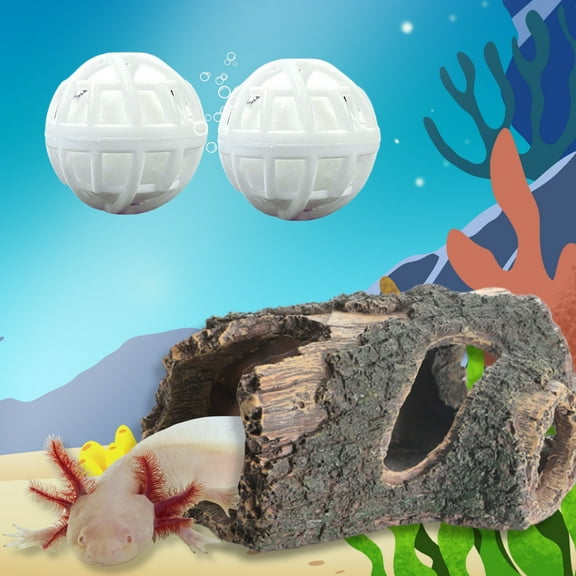 Axolotl Tank Accessories – Resin Driftwood Hideout & 2pcs Nitrifying Balls, Fish Tank Decor & Shelter for Axolotl, Betta, Turtles, Frogs, Crabs (Size M)