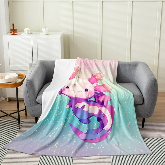 Axolotl Throw Blanket 30x40 Inch Sofa Bed Couch Decor,Coastal Animal Fleece Blanket Teens Adults,Cute Sealife Bed Blanket,Patchwork Rainbow Flannel Blanket
