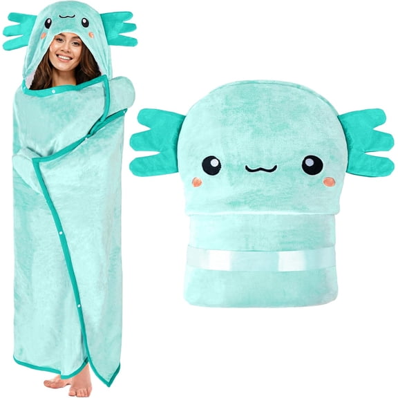 Axolotl Wearable Hooded Blanket for - Soft Warm Cozy Plush Flannel Fleece & Sherpa Hoodie Throw Cloak Wrap - Axolotl Gifts for Women and