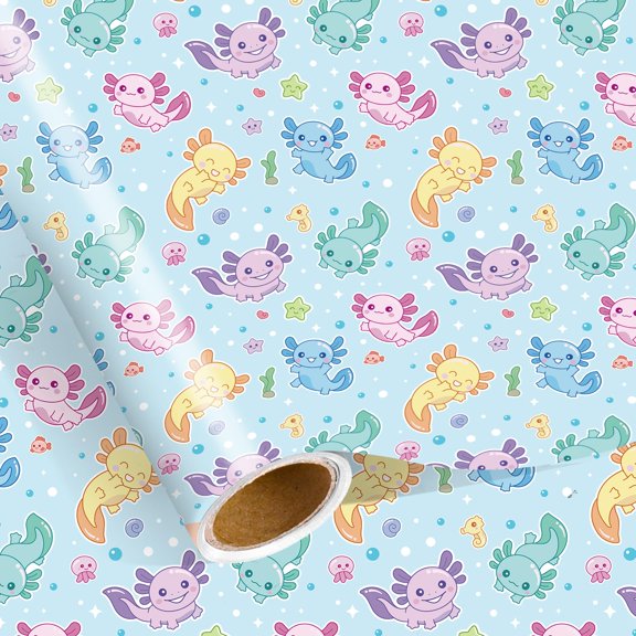 Axolotl Wrapping Paper Roll - 17 Inch x 16.5 Feet, Cute Cartoon Pink Axolotl Gift Wrap with Seahorses and Fish Designs for Girls Birthday, Baby Shower, Party, Wedding, Holiday