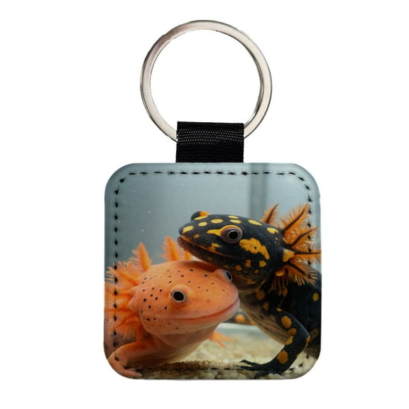 Axolotls Hugging Faux Leather Square Keychain