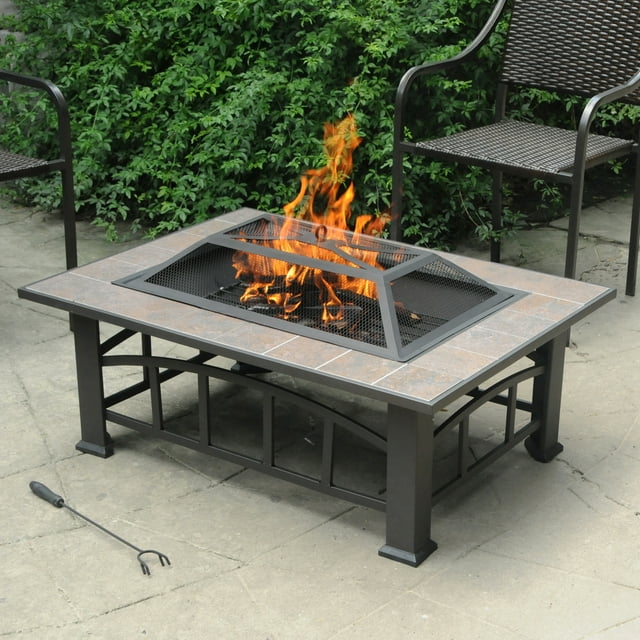 Axxonn Rectangular Tile Top Fire Pit, Brownish Bronze (37" x 28") wood burning Fire Bowl