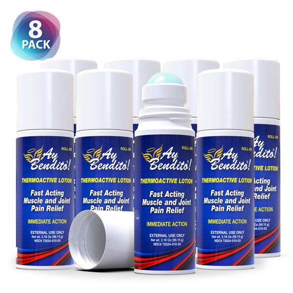 Ay Bendito Roll-on Cooling Pain Reliever Gel for Muscle, Joint, and Back Pain. Fast Acting and Long Lasting - 8 Pack