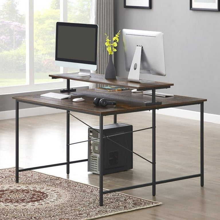 AyLzy Two Person Computer Desks , Home Office Desk with Monitor Shelf,  Double Workstation, Study Desk, 47 x 47 Inches, Extra Large Office  Furniture Office Desks, Brown 