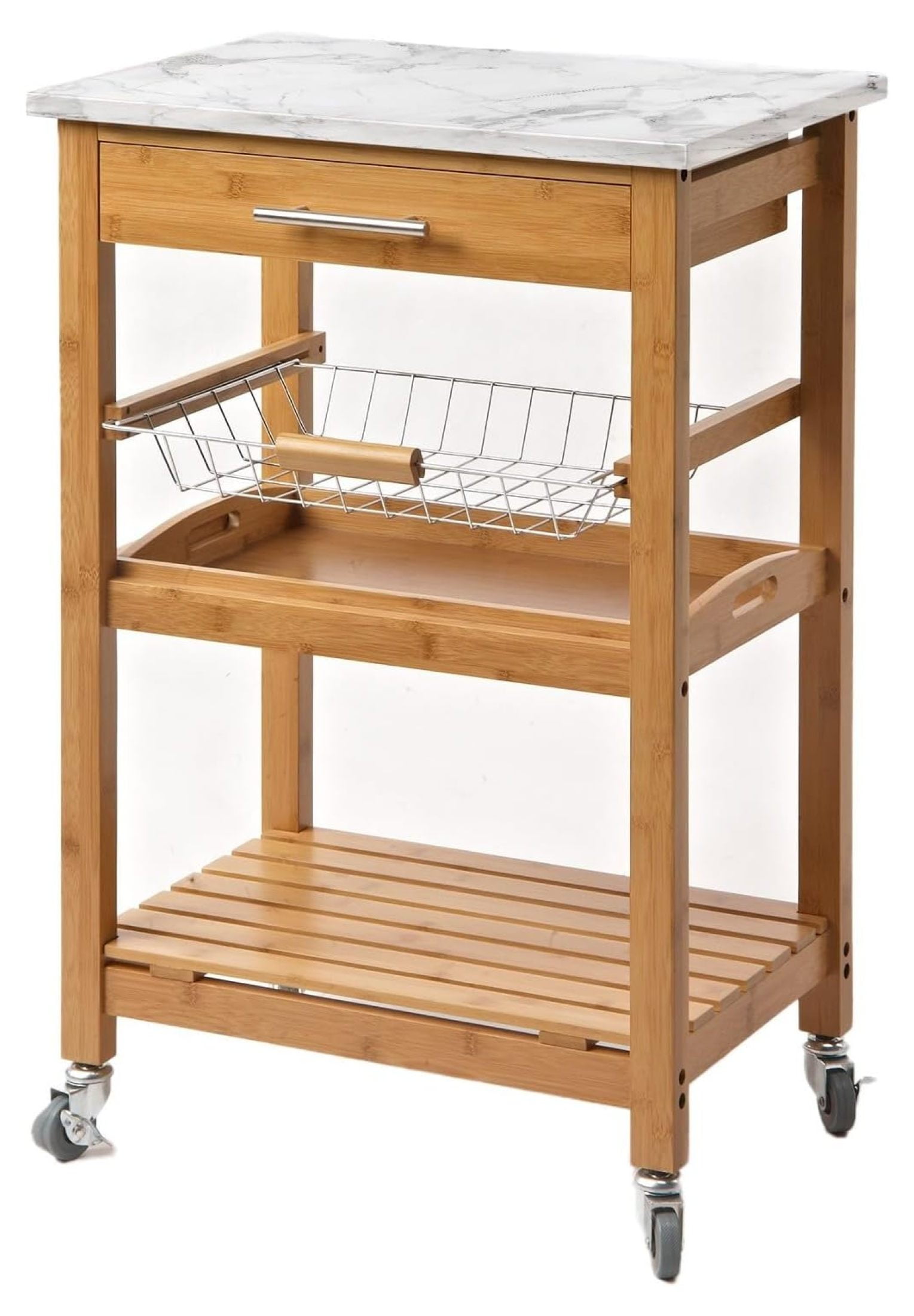 Aya Bamboo Kitchen Cart with Faux Marble Top - Walmart.com