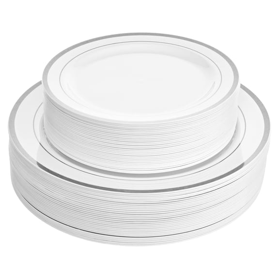 Aya's 100 Silver Rimmed Disposable Plates Set, Heavy 50 Dinner and 50 Dessert Plastic Plates for Party - Elegant White and Silver Design, Durable Tableware for Weddings, Events and Celebrations C113