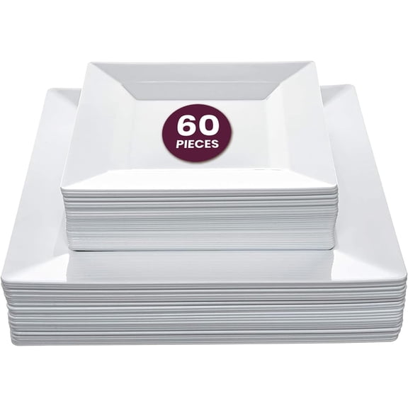 Aya's 60ct Square Plastic Disposable Plates, White - 9.5-Inch 30 Dinner and 6.5-Inch 30 Salad Plates for Party - Heavy-Duty Hard Plastic Design for Wedding, Event, Christmas, and Thanksgiving
