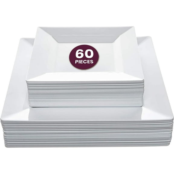 Aya's 60ct White Square Disposable Plates - Heavy Duty Plastic Party Plates for Christmas, Thanksgiving (30 Dinner & 30 Salad)