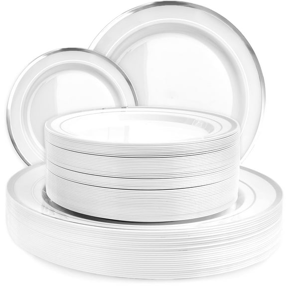 Aya's Cutlery Kingdom 100 Plastic White Plates Disposable with Silver Trim, 50 Plastic Dinner Plates 10.25" + 50 Salad, Dessert, Appetizer Plates 7.5" - Premium Elegant Heavy-Duty Plate for Christmas