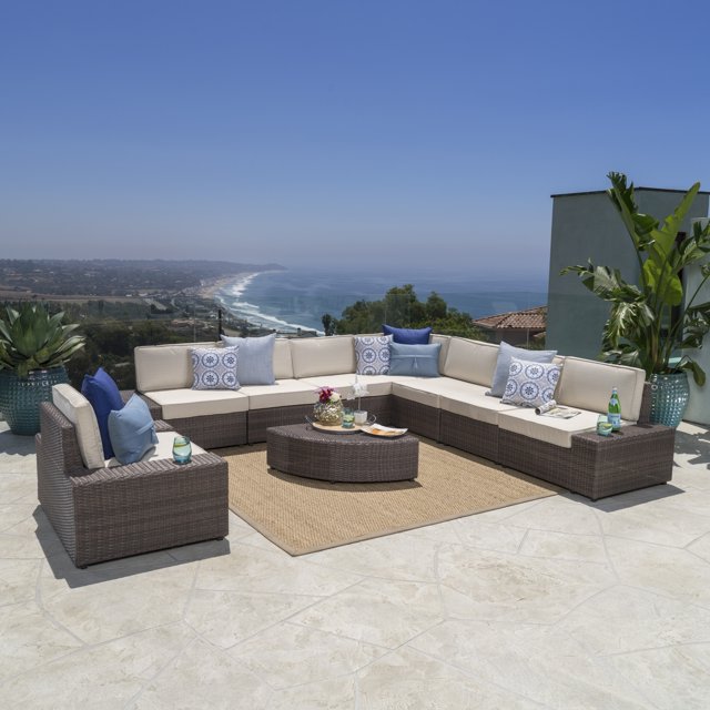 Ayaan Outdoor 9 Piece Wicker Sectional with Cushions, Hazelnut Brown