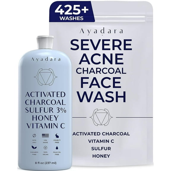 Ayadara Acne Face Wash, Sulfur and Charcoal Cleanser for Cystic & Hormonal Acne, 425 Uses