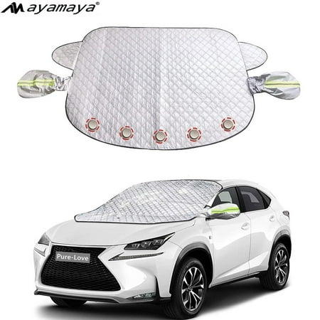 Ayamaya Car Windshield Cover for Snow Ice, Magnetic 4-Layer Protected Front Window Snow Cover with Mirror Protector Fits Trucks Vans SUV
