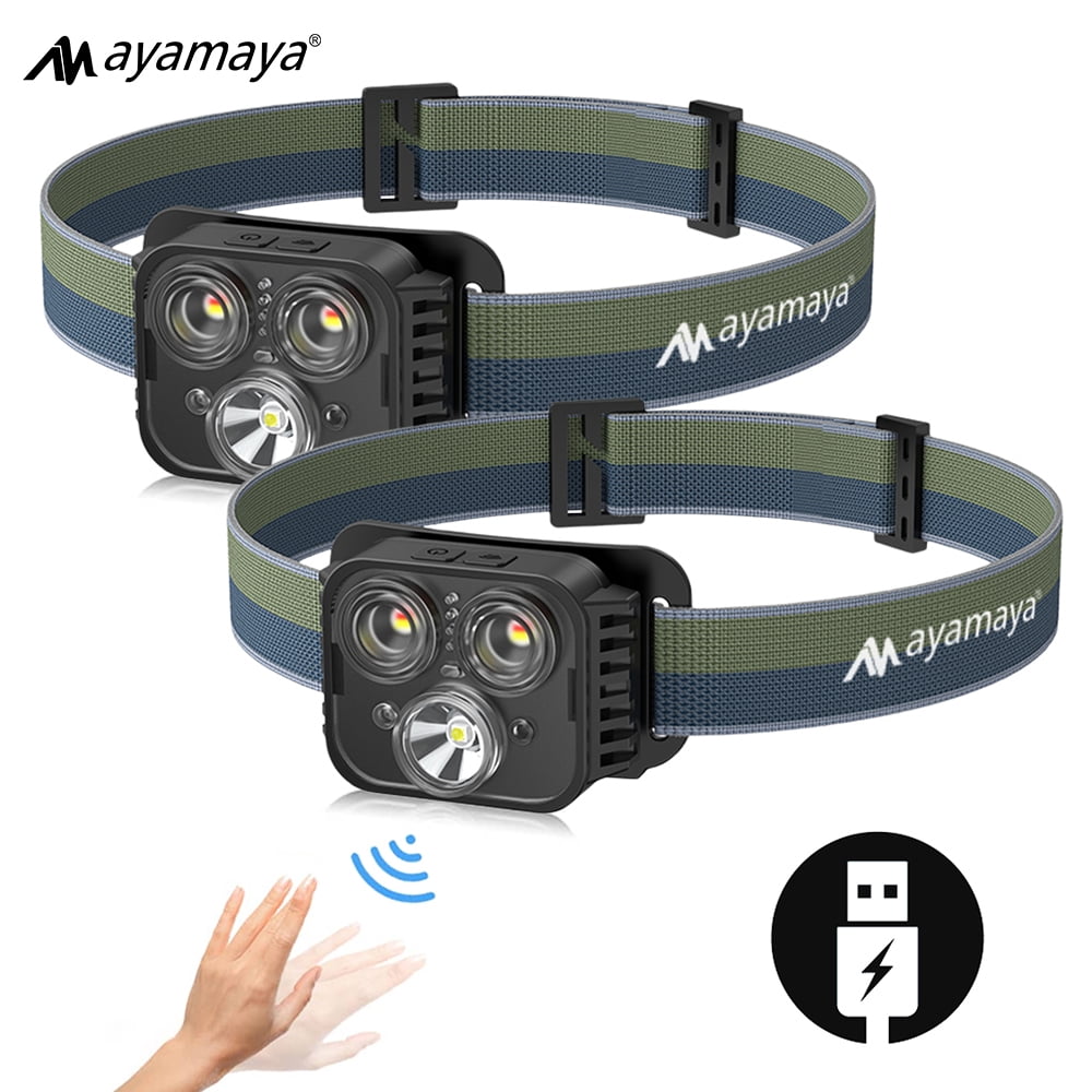 Ayamaya Rechargeable Headlamp with Motion Sensor, 3 LED USB Type-A Headlights with 6 Modes,500 Lumens,IPX4 Waterproof,with Adjustable Headband [2 PACK]