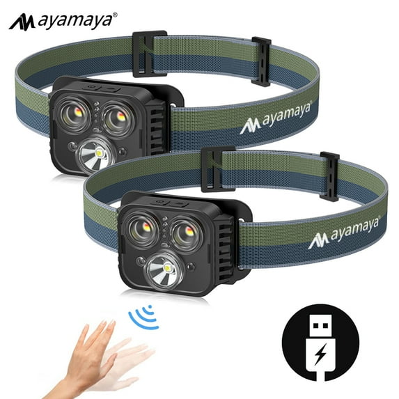 Ayamaya Rechargeable Headlamp with Motion Sensor, 3 LED USB Type-A Headlights with 6 Modes,500 Lumens,IPX4 Waterproof,with Adjustable Headband [2 PACK]