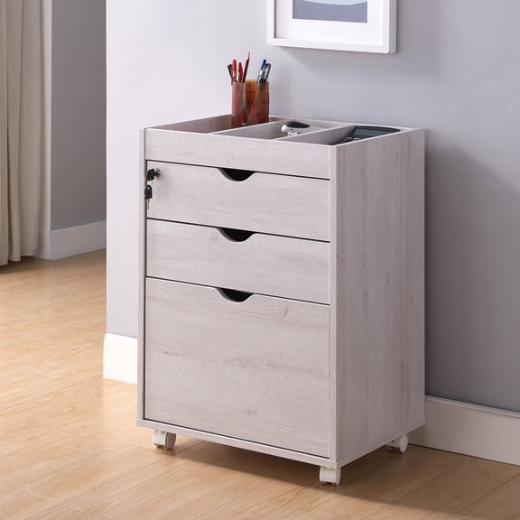 Ayan 3-Drawer Wood White Oak Mobile File Cabinet with Lock