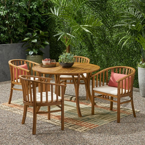 Ayan Outdoor 4 Seater Acacia Wood Circular Dining Set, Teak Finish and Cream