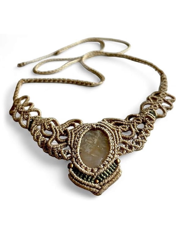 Macrame Champagne Solar Quartz Pendant Necklace, Adjustable Tan Cotton Cord