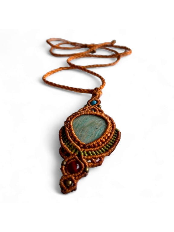 Macrame Green Amazonite Crystal Pendant Necklace, Adjustable Cotton Cord