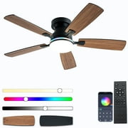 Ayaoty Ceiling Fans with Lights, 48 inch Low Profile Ceiling Fan with Light and Remote Control, Flush Mount RGB Dimmable Light, Noiseless, Brown Ceiling Fan for Bedroom Indoor/Outdoor Use