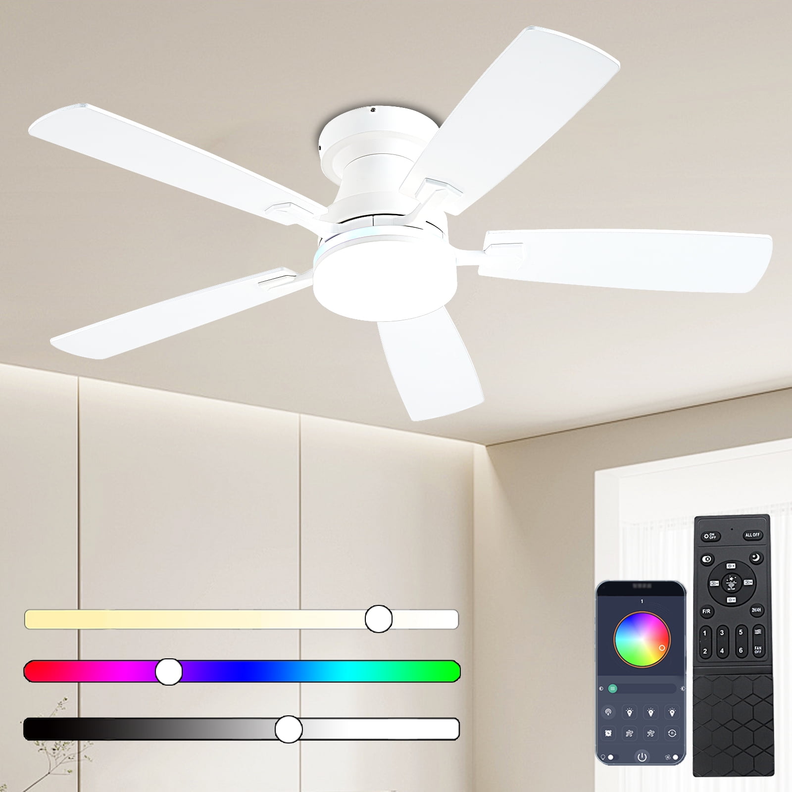 Ayaoty Ceiling Fans with Lights, 48 inch Low Profile Ceiling Fan with Light and Remote Control, Flush Mount RGB Dimmable Light, Noiseless, White Ceiling Fan for Bedroom Indoor/Outdoor Use