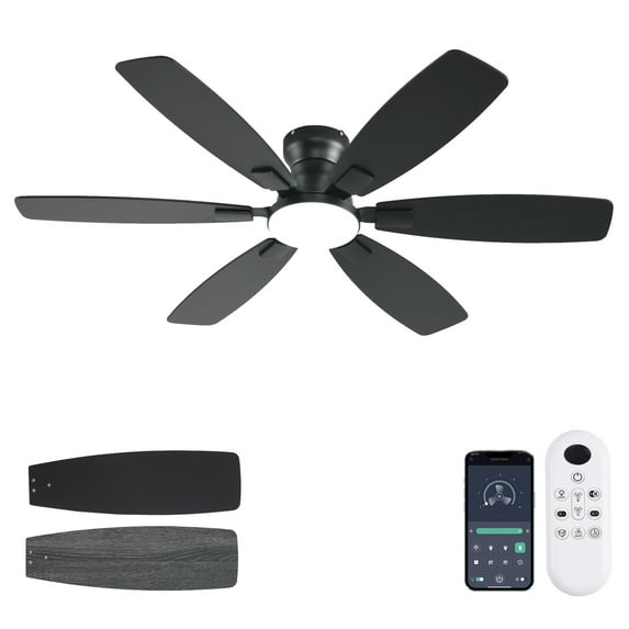Ayaoty Ceiling Fans with Lights, 52 Inch Low Profile Ceiling Fan with Light and Remote Control, Flush Mount, Reversible, 3CCT, Dimmable, Quiet, Black Ceiling Fan for Bedroom Indoor/Outdoor Use