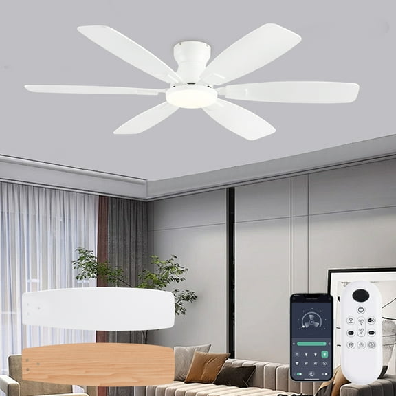 Ayaoty Ceiling Fans with Lights, 52 Inch Low Profile Ceiling Fan with Light and Remote Control, Flush Mount, Reversible, 3CCT, Dimmable, Quiet, White Ceiling Fan for Bedroom Indoor/Outdoor Use