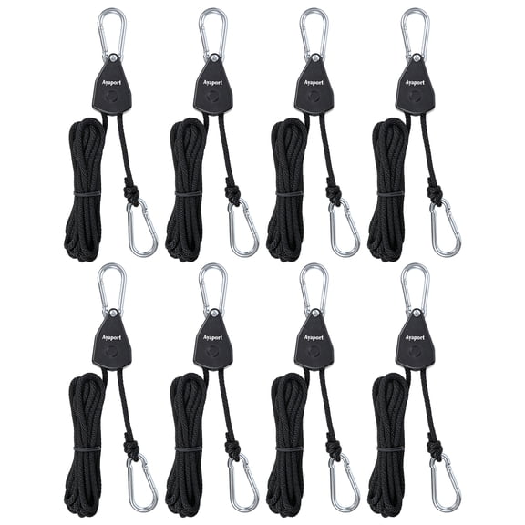 Ayaport Adjustable Rope Hanger Rope Tie Down, Grow Light Hangers Rope Pulley for Hanging Plants, Filters, Tent Tie Downs — 1/8" x 8 ft, 8 pack