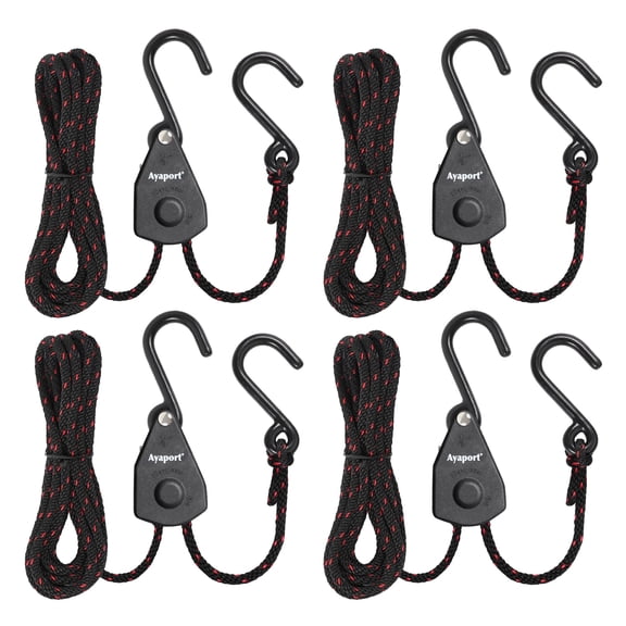 Ayaport Ratchet Rope Tie Down, Adjustable Rope Hanger, Straps for Kayak, Canoe, Car Roof Rack, Trailer — 1/8" x 6 ft, 4 pack