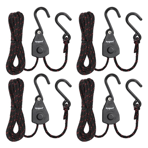 Ayaport Ratchet Rope Tie Down, Adjustable Rope Hanger, Straps for Kayak, Canoe, Car Roof Rack, Trailer — 1/8" x 6 ft, 4 pack