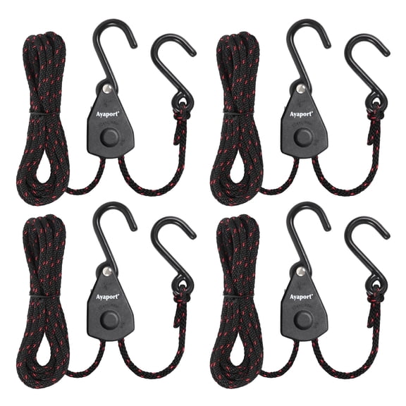 Ayaport Ratchet Rope Tie Down, Adjustable Rope Hanger, Straps for Kayak, Canoe, Car Roof Rack, Trailer — 1/8" x 6 ft, 4 pack