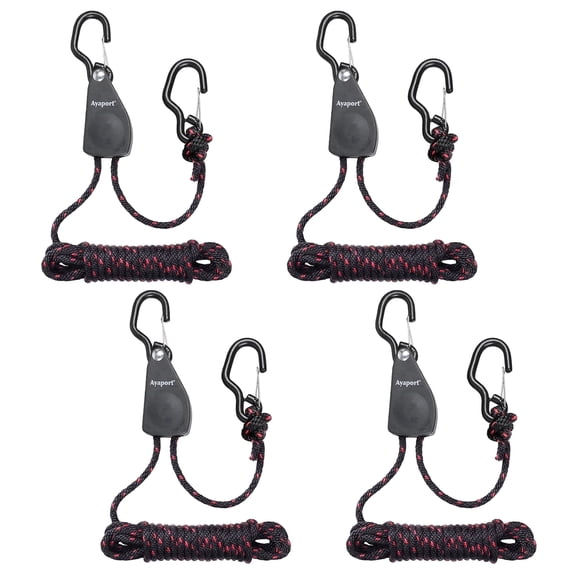 Ayaport Ratchet Rope Tie Downs, Black/Red, 75 lb, 4 Pack, 1/8 in x 8 ft