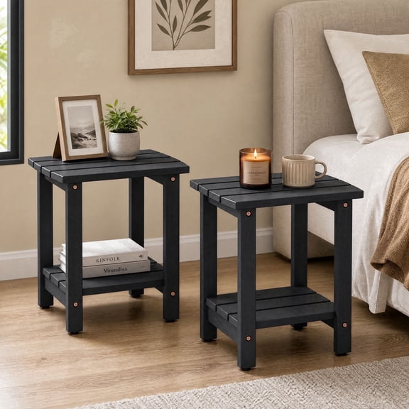 Ayaya Set of 2 Solid Wood 2-Tier Side Table, Vintage Indoor End Table for Living Room Bedroom Home Office, Black