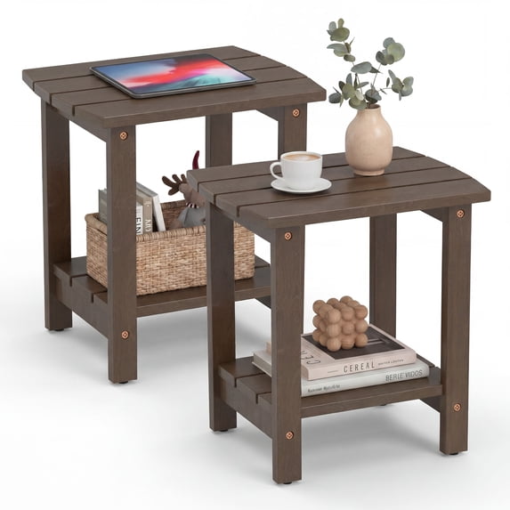 Ayaya Side Table Set of 2, 17" Solid Wood Square 2-Tier Adirondack End Table, Outdoor Patio Table for Living Room, Porch, Poolside – Weather Resistant Dark Brown