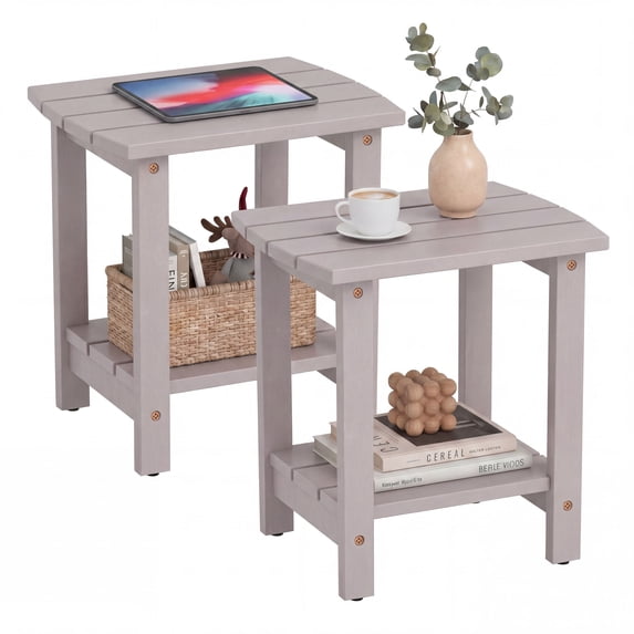 Ayaya Side Table Set of 2, 17" Solid Wood Square 2-Tier Adirondack End Table, Outdoor Patio Table for Living Room, Porch, Poolside – Weather Resistant Grey