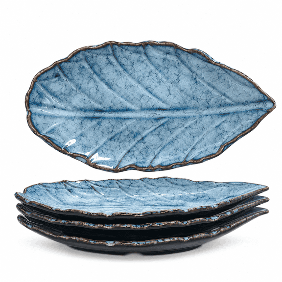 Aycenlaite Leaf-Shaped Ceramic Dessert Serving Plates Set of 4, 11 Inch Reactive Glaze Appetizer Plates for Sushi, Desserts, Snacks, Fruits, Ocean Blue