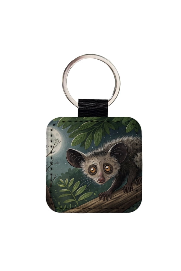 Aye Aye Long Fingered Lemur Illustration Faux Leather Square Keychain