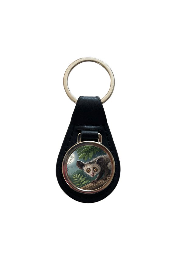 Aye Aye Long Fingered Lemur Illustration Metal Black Leather Keychain