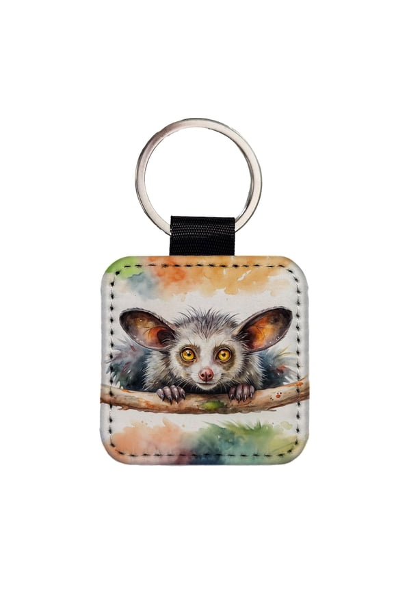 Aye Aye Long Fingered Lemur Watercolor Faux Leather Square Keychain