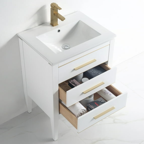 Ayer 24" Single Bathroom Vanity Set - 18D x 24W x 34H White - Brass Trim Brass Finish