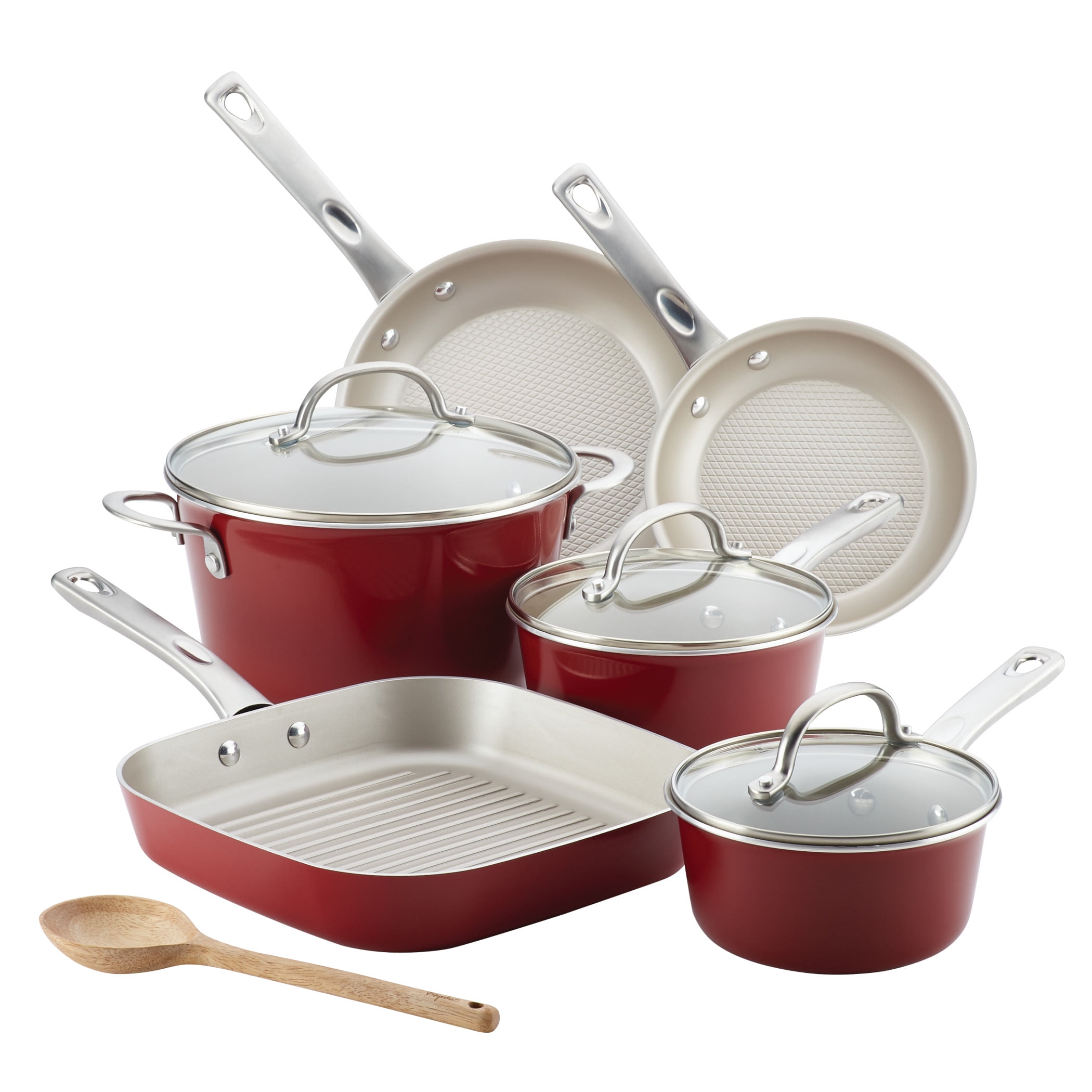 Meyer Corp 10-Piece Cookware Set with Red Handles in Stainless Steel