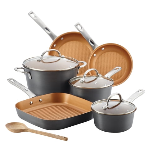 Ayesha Curry Home Collection 10 Piece Hard Anodized Aluminum Pots and Pans, Gray