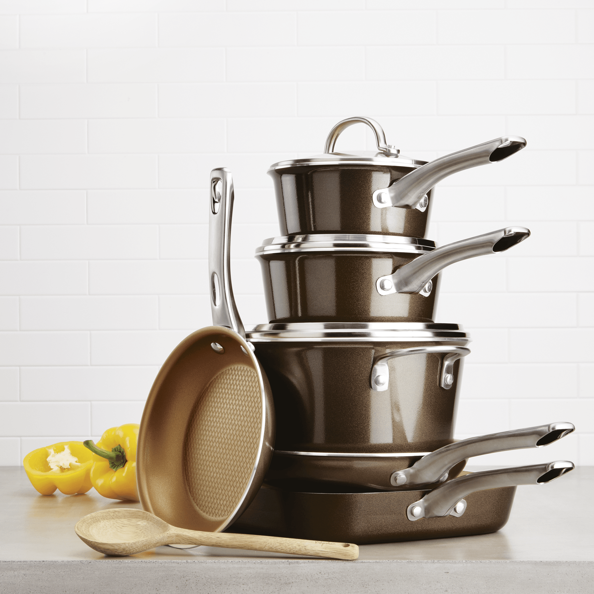 Ayesha Curry Home Collection 9.75 inch Porcelain Enamel Nonstick Chef Pan with Pour Spouts, Brown Sugar