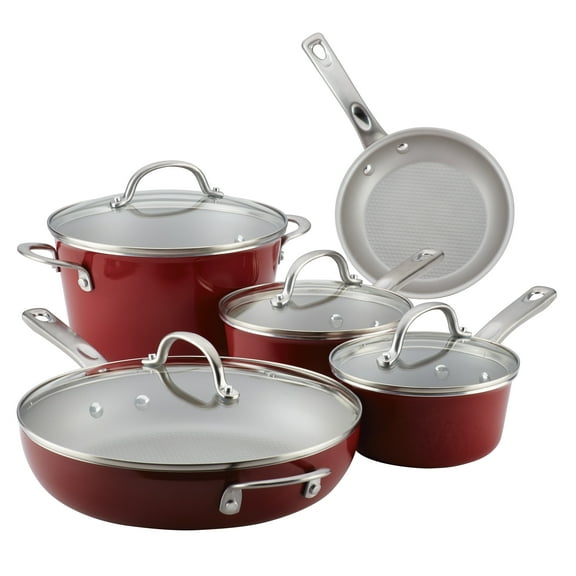 Ayesha Curry Home Collection 9 Pc Porcelain Enamel Nonstick Cookware Pots and Pans Set, Sienna Red