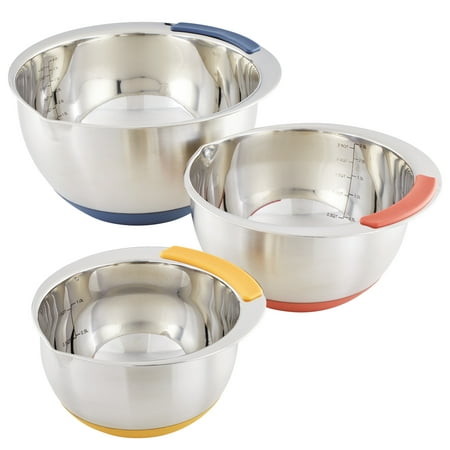 Ayesha Curry Pantryware Stainless Steel Nesting Mixing Bowls Set, 3-Piece, Silver with Color Accent Handles