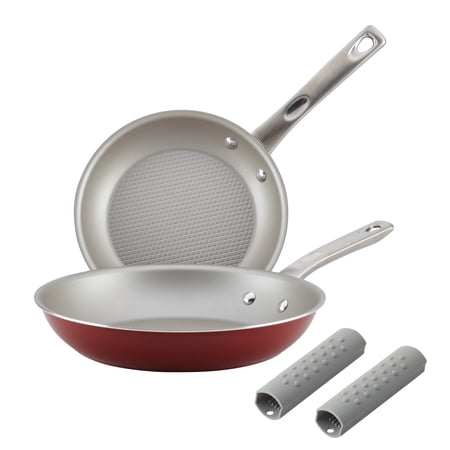 Ayesha Home Collection Porcelain Enamel Nonstick Skillet Twin Pack with Silicone Handle Sleeves, Sienna Red