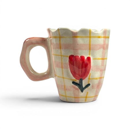 Ayethic Scalloped Rose Ceramic Mug, 15 oz (450ml), Floral Embossed Coffee & Tea Cup, Handcrafted in India