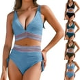 thumbnail image 1 of Ayfxijin Beach Vacation High-Waisted Bikini Set Patchwork V-Neck Drawstring Ruched Push-Up Suit, 1 of 8