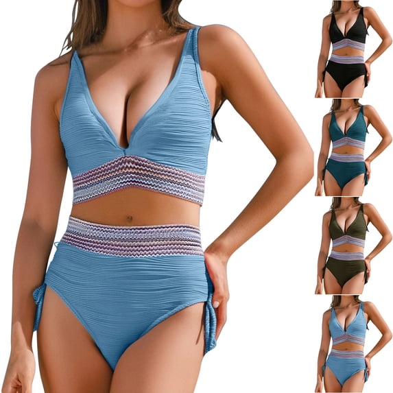 Ayfxijin Beach Vacation High-Waisted Bikini Set Patchwork V-Neck Drawstring Ruched Push-Up Suit