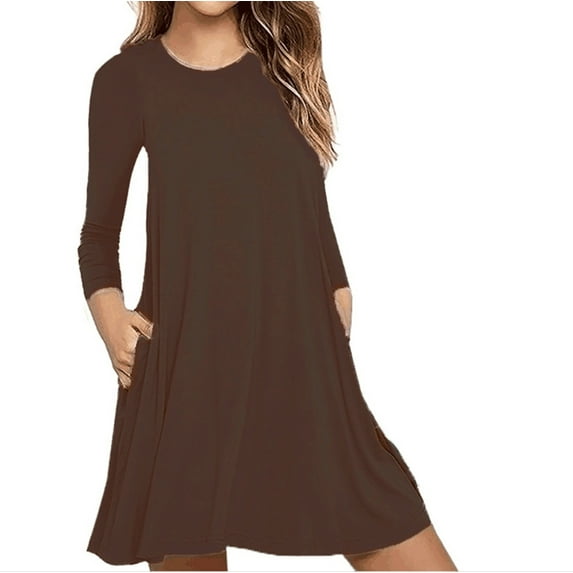 Ayfxijin Fall Tops for Women,Ladies Fashion Casual Long Sleeve Pure Color Loose T-shirt Dress with Pockets