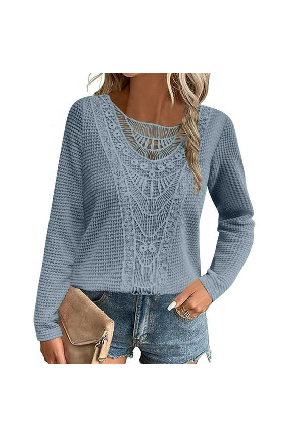Fall Tops for Women,Women's Solid Color Lace Lace Patchwork Pineapple Long Sleeved Round Neck T-shirt Top